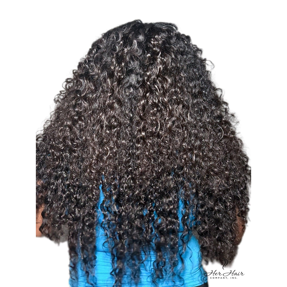 Burmese raw wavy hair 4 bundle deal from Her Hair Company, natural wavy bundles with blue top, suitable for hair extensions.