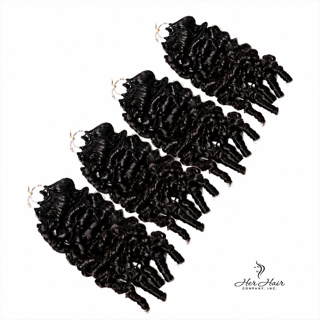 Four bundles of Burmese Spiral Crochet Hair from Her Hair Company, showcasing natural curl pattern and textured hair extensions.