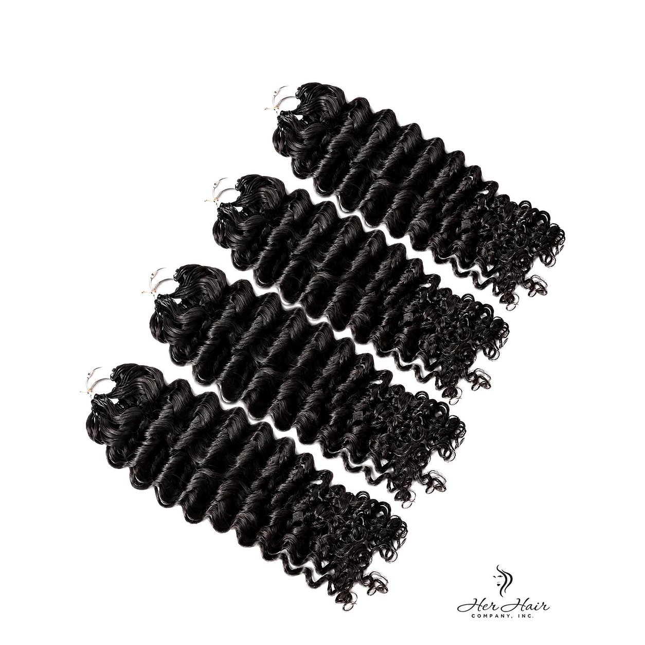 Deep curly crochet hair bundle by Her Hair Company showing four packs of standard deep curly crochet hair for natural hairstyle.