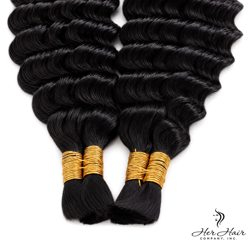 Close-up of Her Hair Company Deep Wave Bulk Hair in a standard bundle, showcasing its deep wave texture and natural wave pattern.