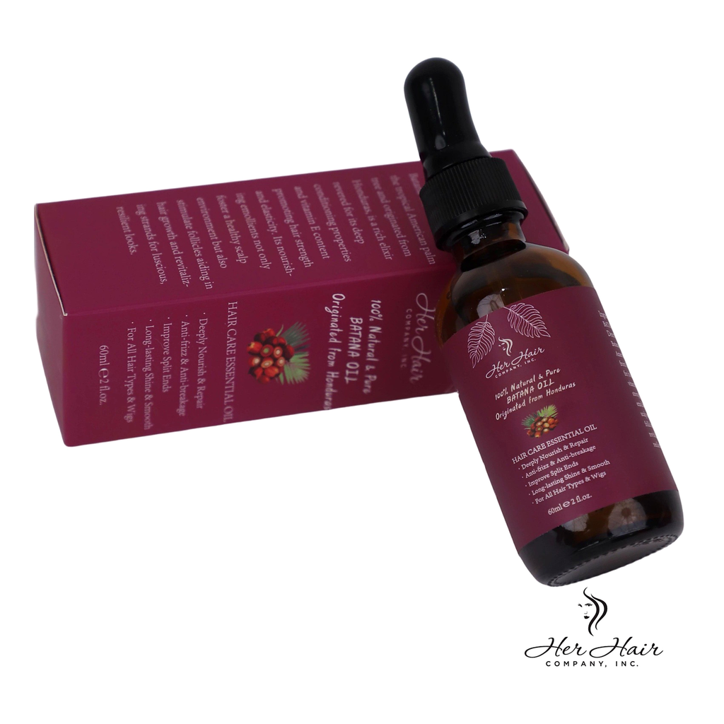 Honduran Batana Oil bottle and box from Her Hair Company, 100% natural and authentic hair care product with detailed packaging.