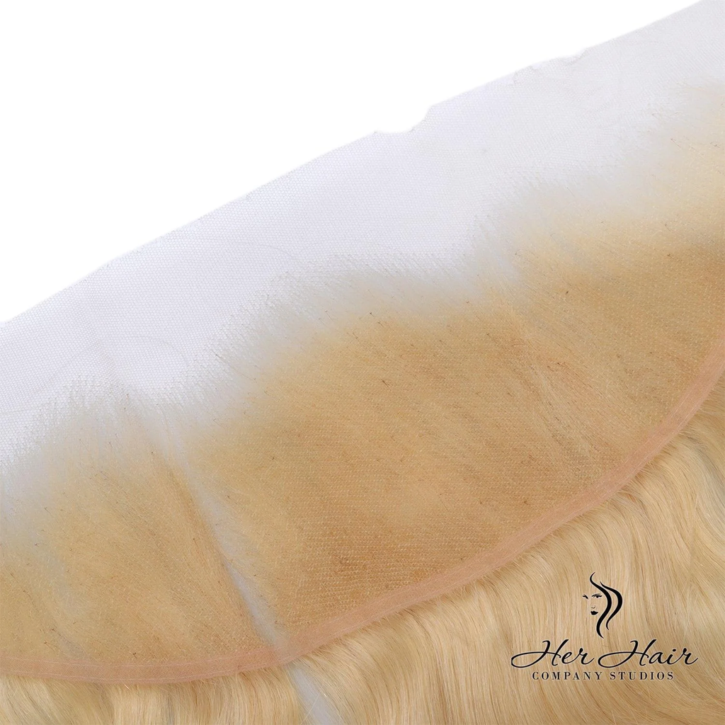 Brazilian 613# 13x4 lace frontal with body wave texture, showcasing intricate lace detail and natural hairline.