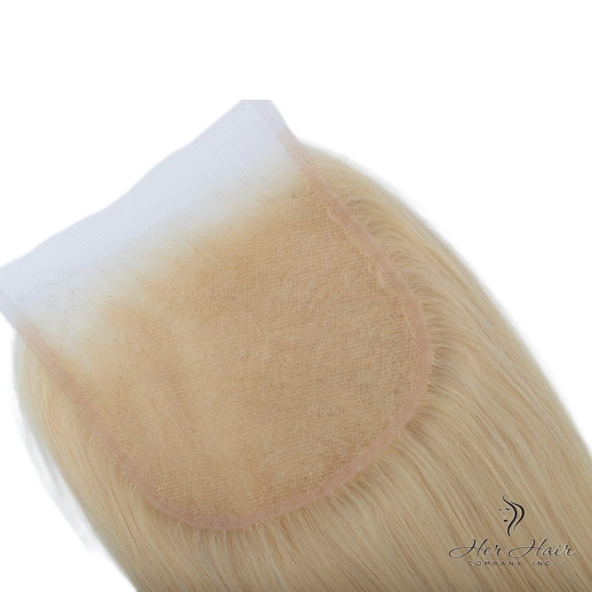 Close-up of the Brazilian 613# 5x5 Lace Closure lace mesh and stitched perimeter, showing the construction and blonde hair attachment.