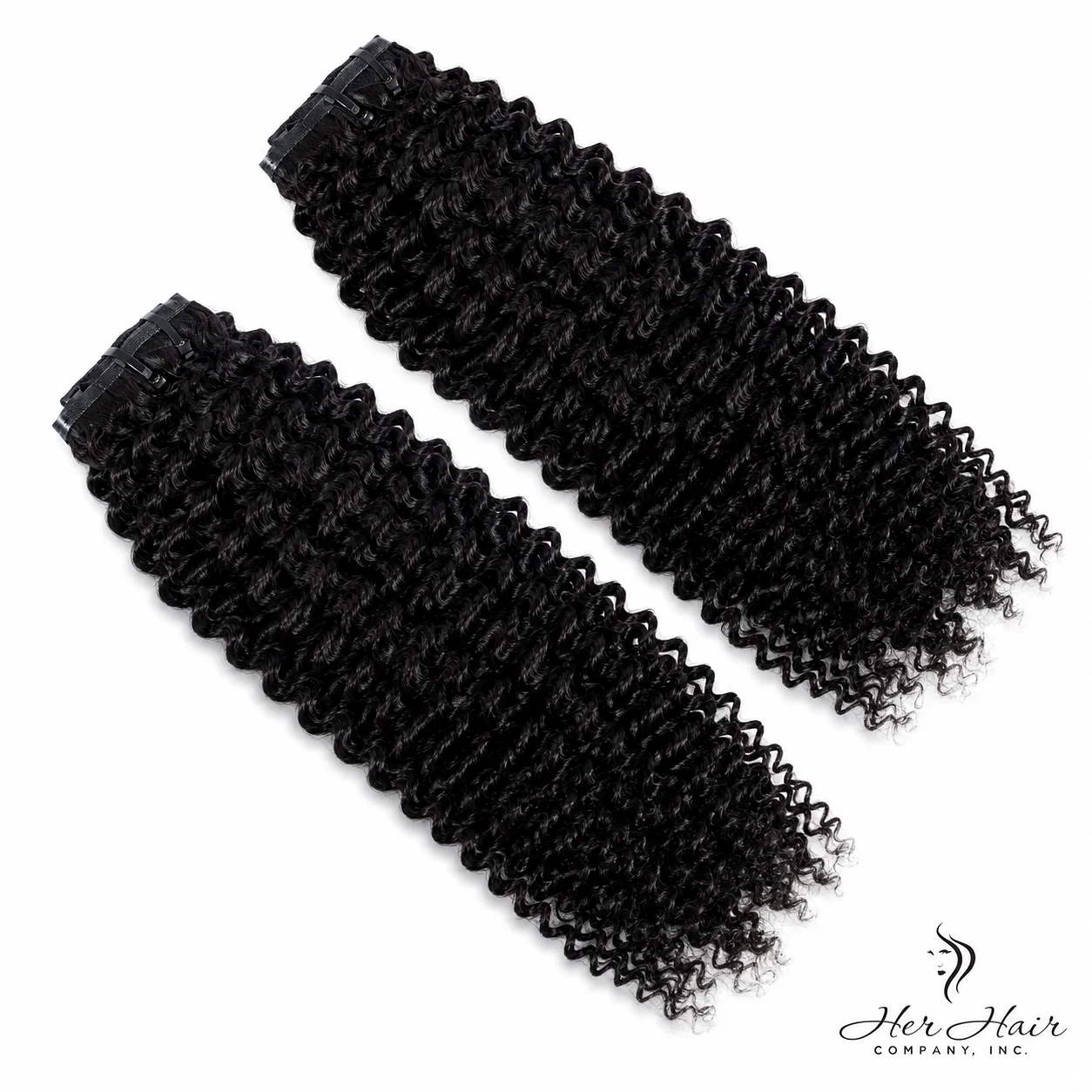 Kinky curly Brazilian clip-in hair extensions in a standard bundle, natural dark brown color, styled in thick, voluminous curls.