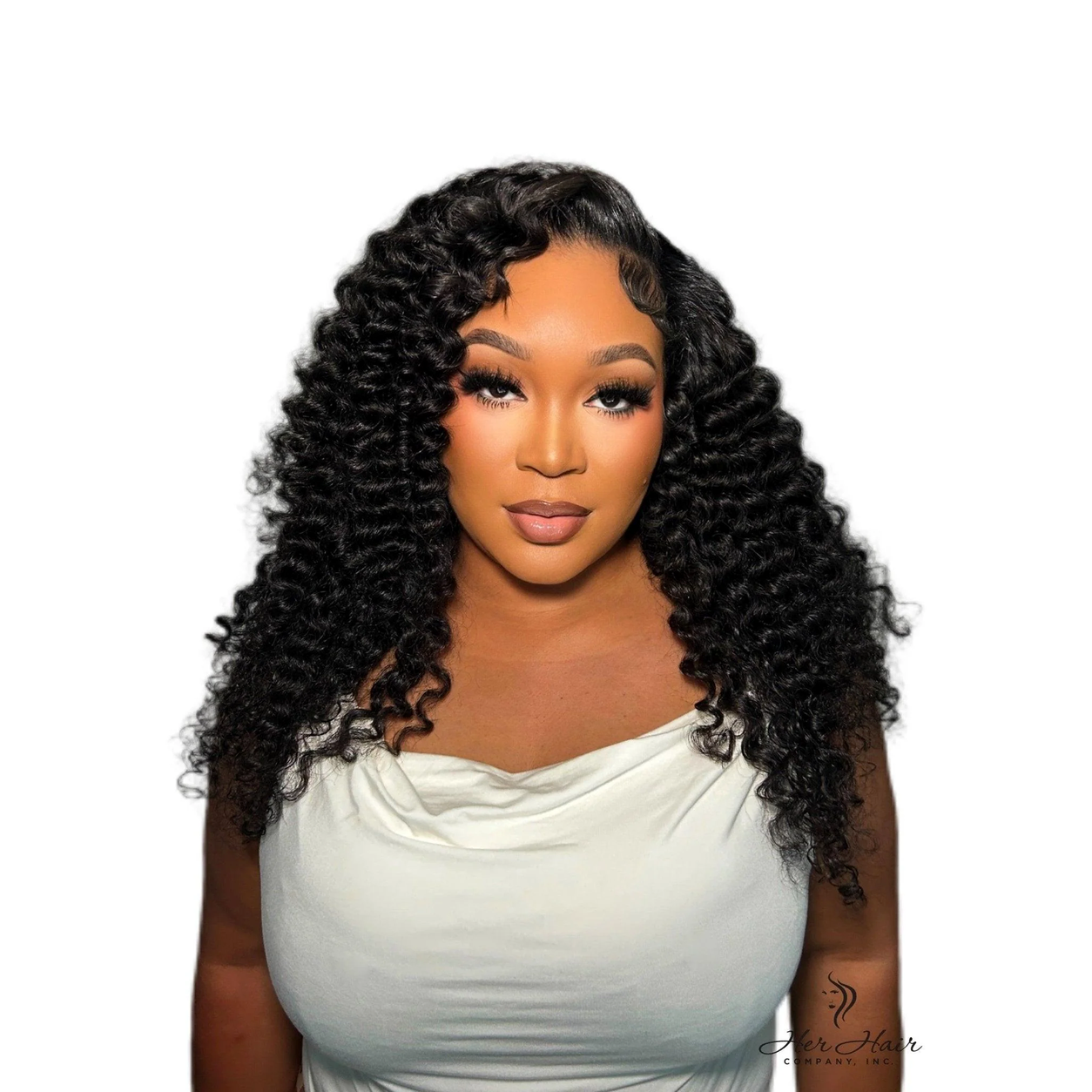 Brazilian Water Wave 13x6 HD lace frontal from Her Hair Company installed showing front view with natural water wave pattern and lace detailing.