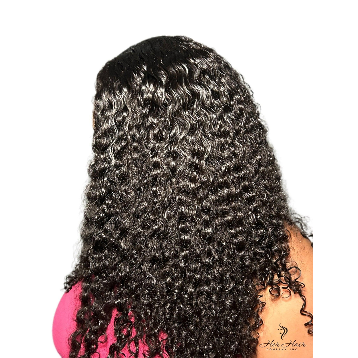 Close-up of Burmese raw curly hair bundles from Her Hair Company, showing rich, natural curl pattern and bundle packaging.