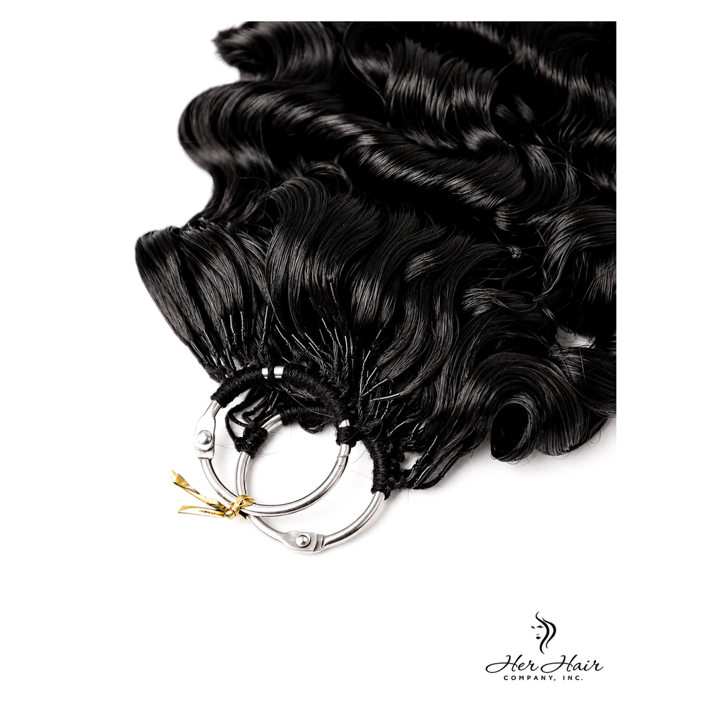 Close-up of Her Hair Company Burmese Spiral Crochet Hair bundle with detailed spiral curls, showcasing the textured crochet hair extension.