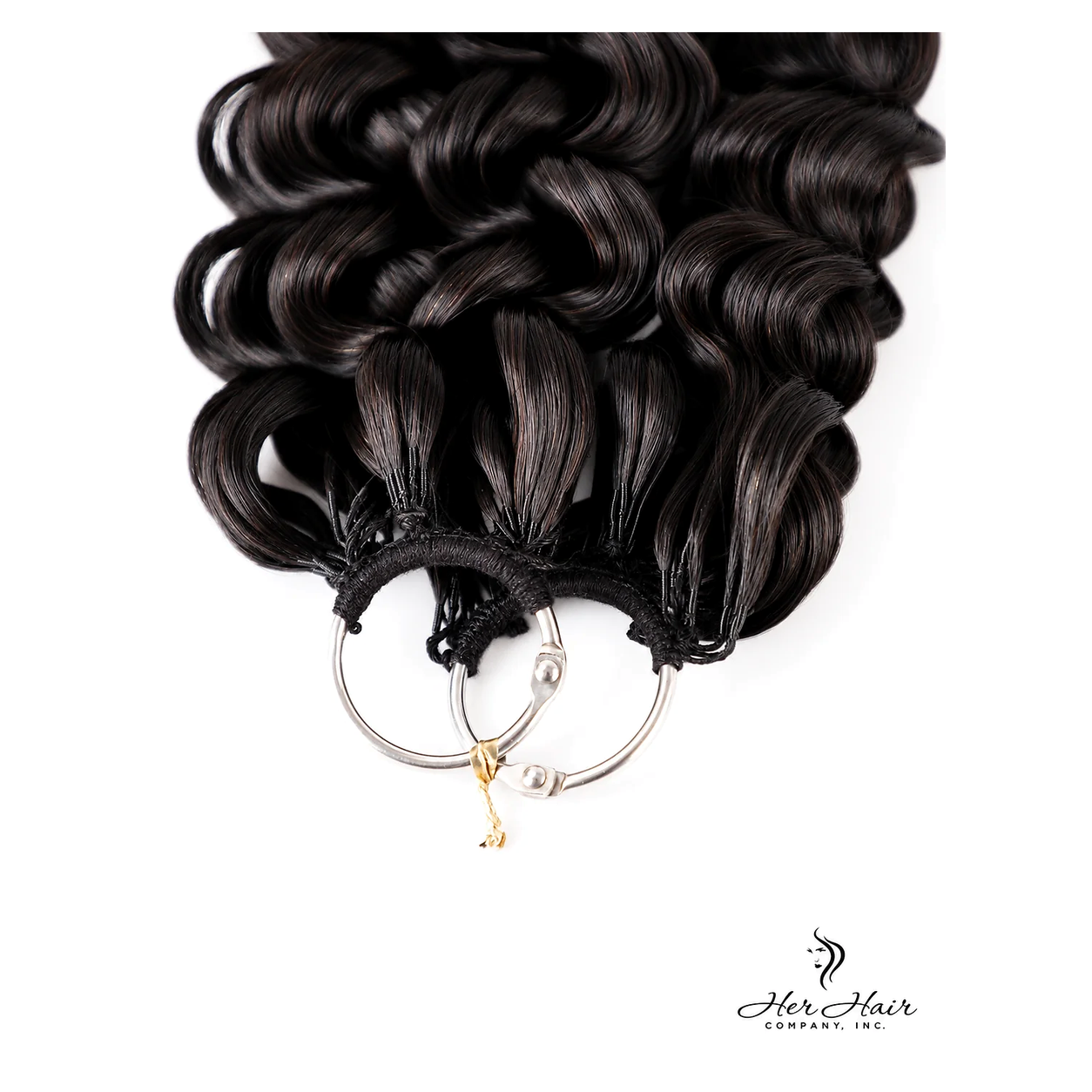 Deep curly crochet hair bundle by Her Hair Company with loop attachment detail, showcasing textured, voluminous curls.