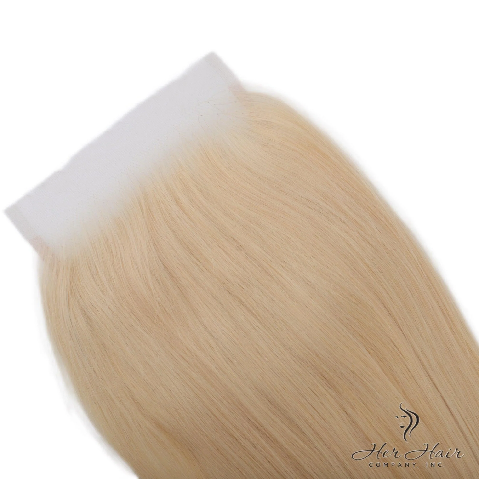 Top-side close-up of Brazilian 613# 5x5 Lace Closure showing the blonde hair density, lace edge, and smooth straight texture near the hairline.