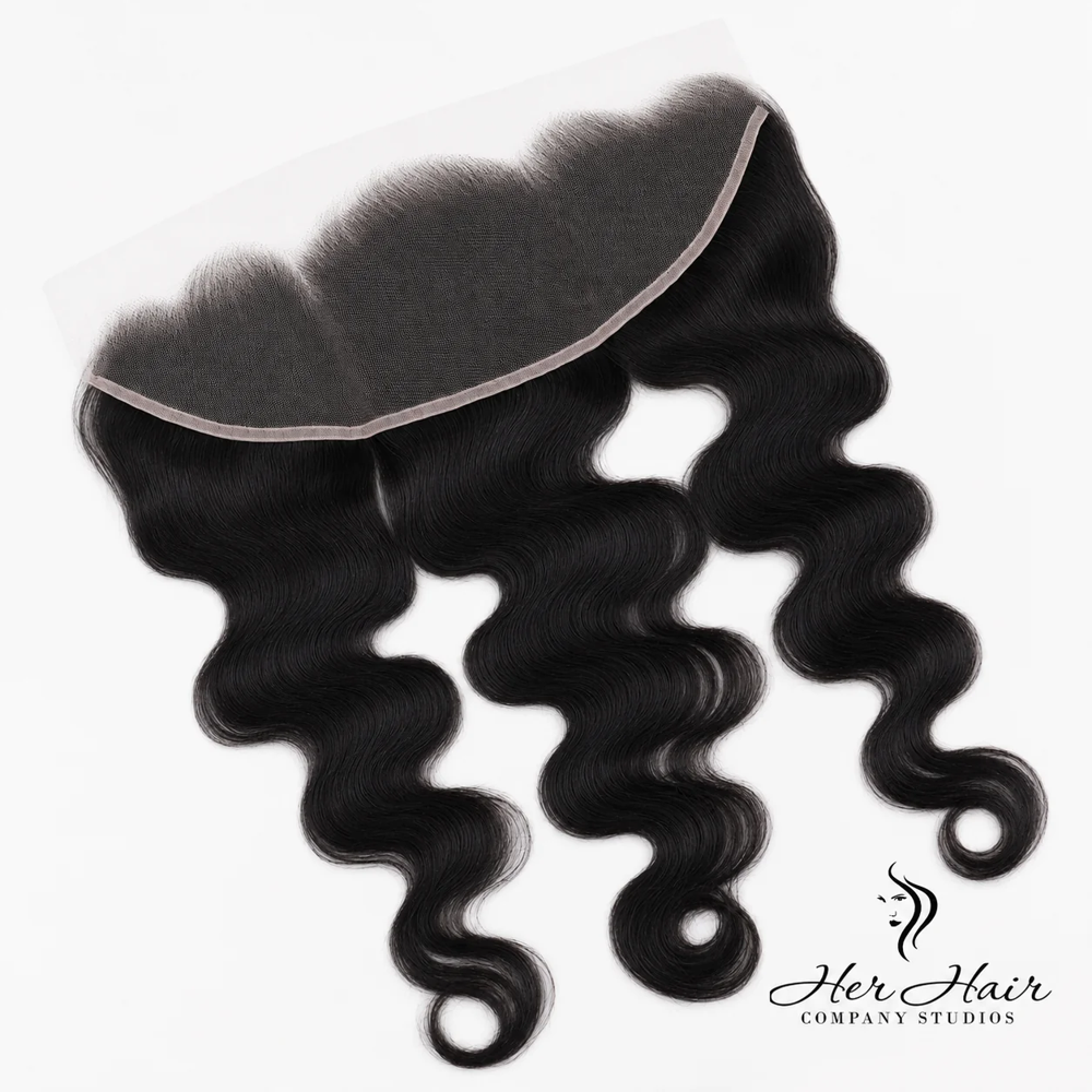 Brazilian Body Wave 13X6 HD Lace Frontal from Her Hair Company, showing front view with natural waves and lace detail.