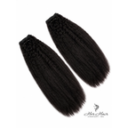 Kinky straight Brazilian clip-in hair extensions in a standard bundle, showcasing the natural texture and seamless attachment.