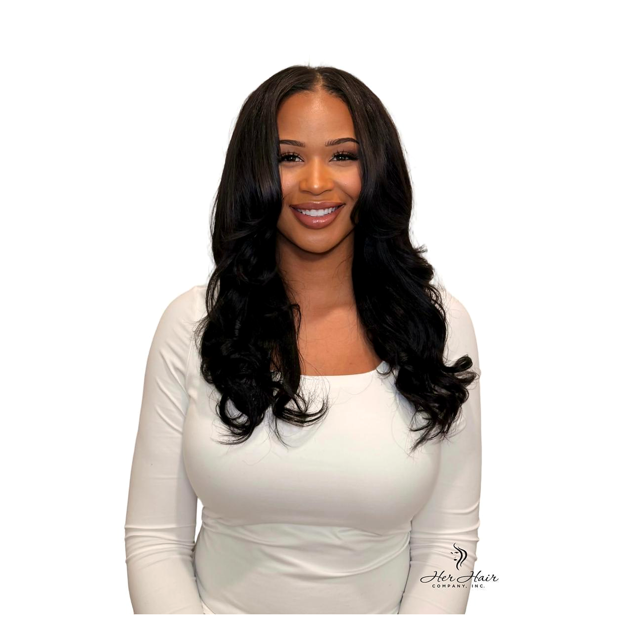 Brazilian kinky straight hair 3 bundle deal with frontal closure from Her Hair Company, styled for a natural, sleek look.