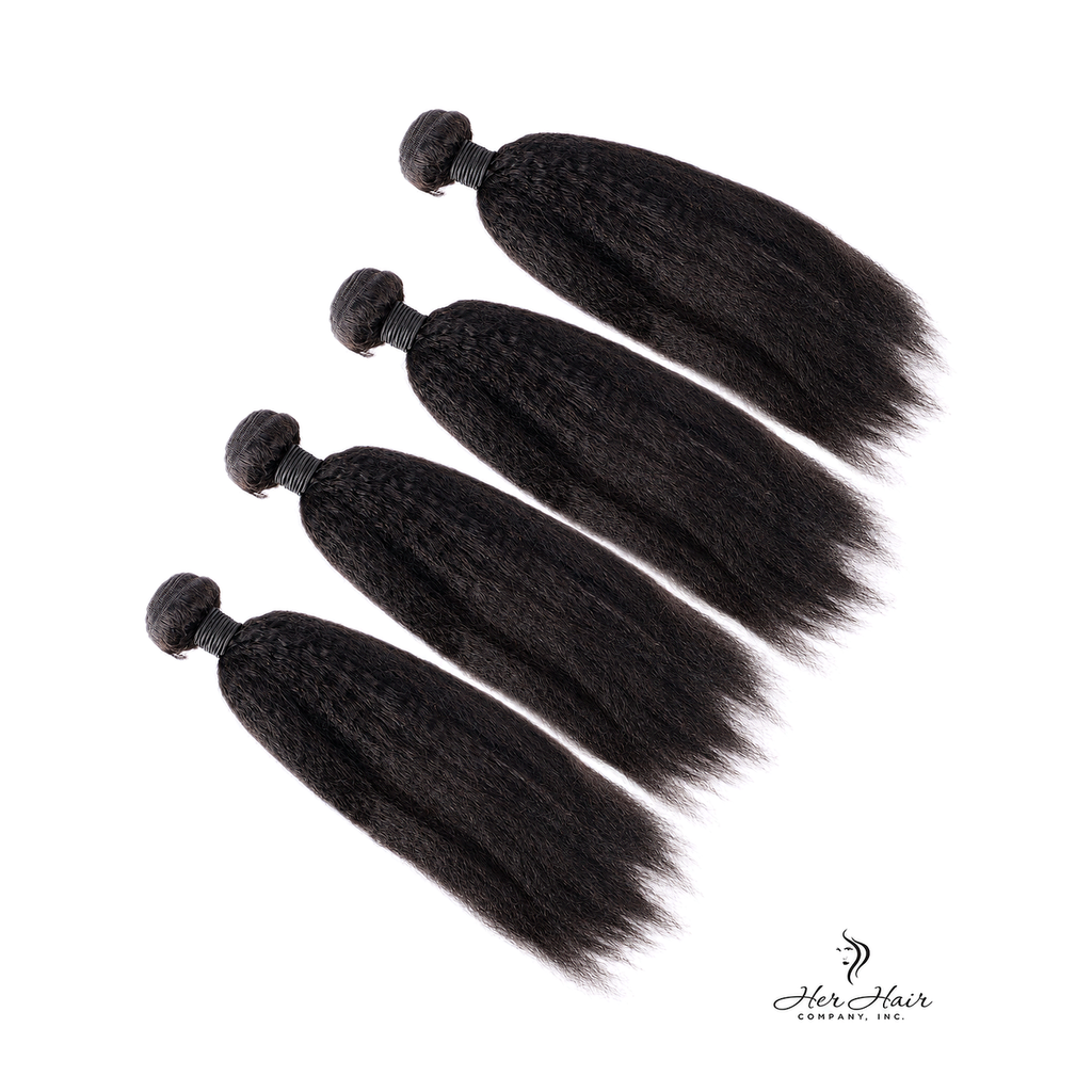 Brazilian Kinky Straight Hair 4 Bundle Deal from Her Hair Company, showing four bundles of natural kinky straight hair.