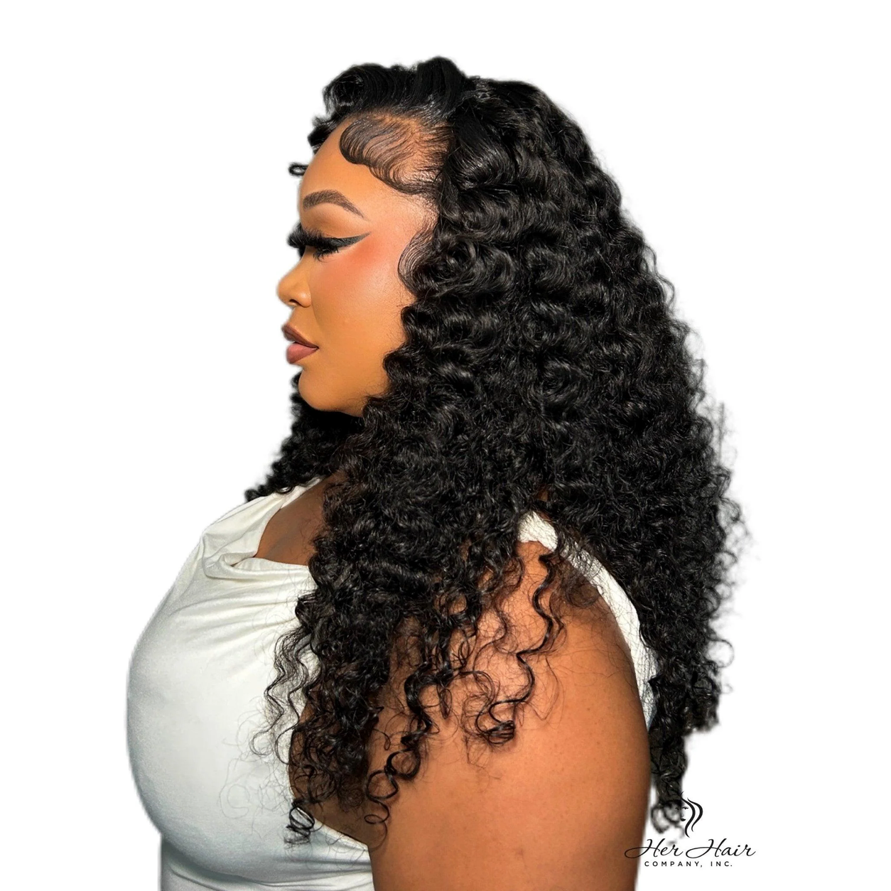Brazilian Water Wave 13x6 HD lace frontal from Her Hair Company, showing a side view of the standard frontal with wavy hair and lace detail.