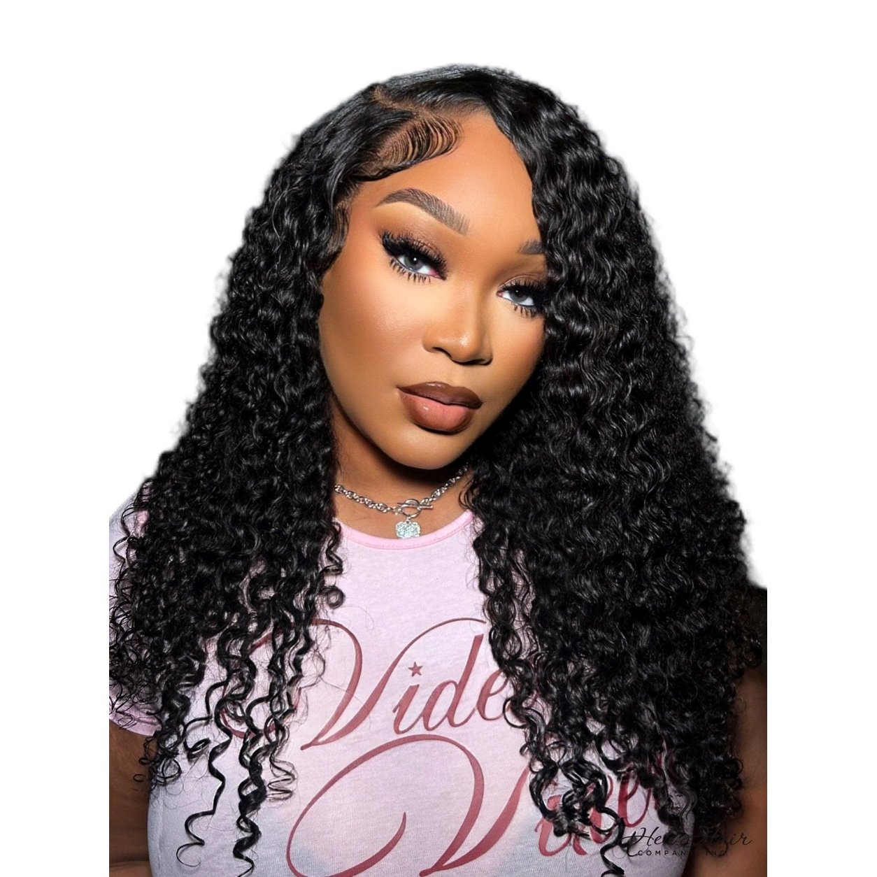 Burmese Raw Curly Hair bundle deal by Her Hair Company, featuring four natural curly hair bundles with a front installation in lavender.