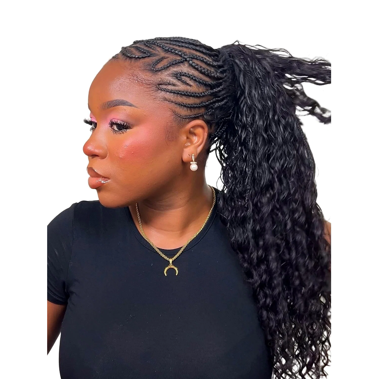 Her Hair Company deep wave bulk hair in a standard bundle, shown in a side profile ponytail style.