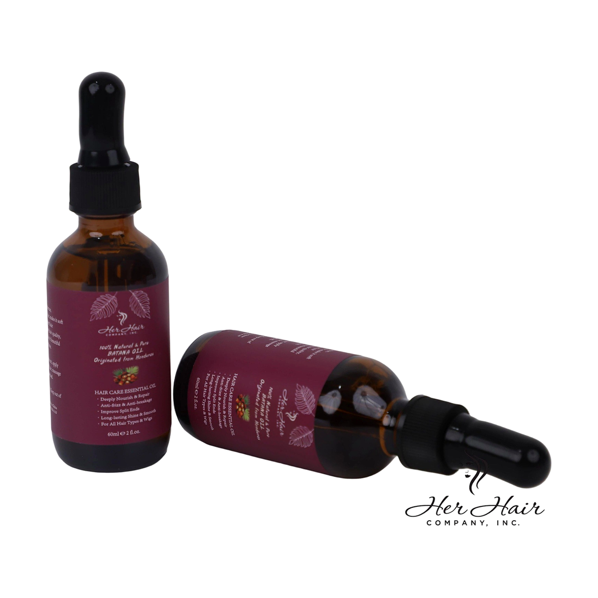 Honduran Batana Oil bottle from Her Hair Company, standing and side view, 100% natural and authentic hair care product.