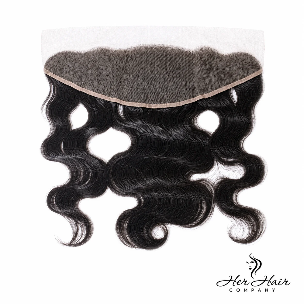 Brazilian Body Wave 13X6 HD lace frontal from Her Hair Company, showing the detailed lace and wavy hair texture.