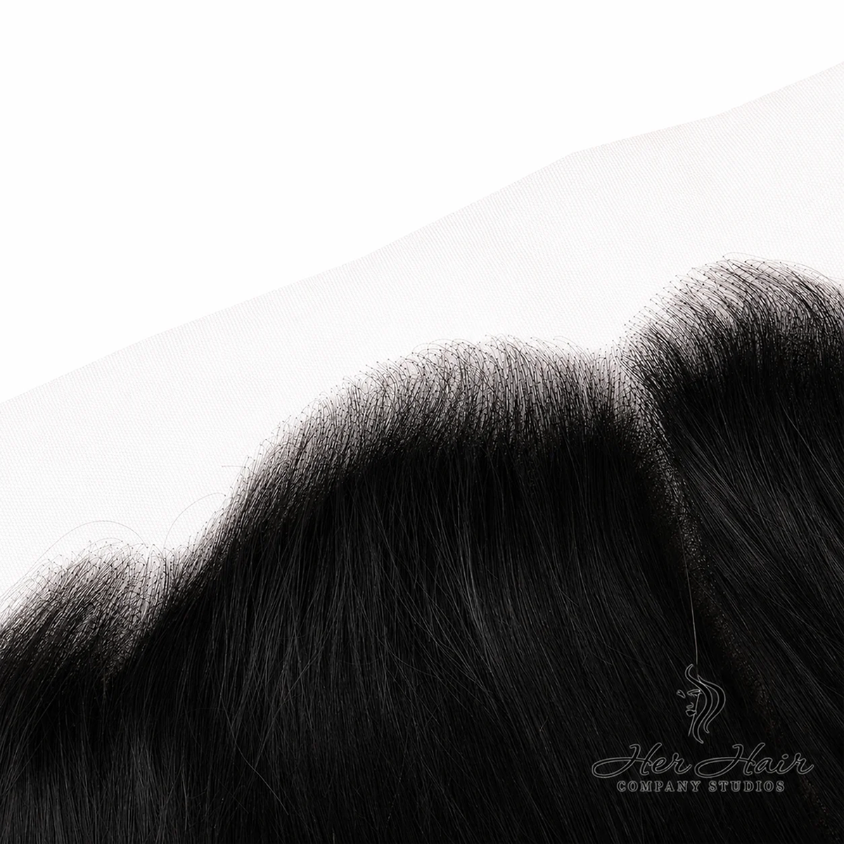 Close-up of Her Hair Company Brazilian straight 13x6 HD lace frontal showing natural hairline and lace detail.