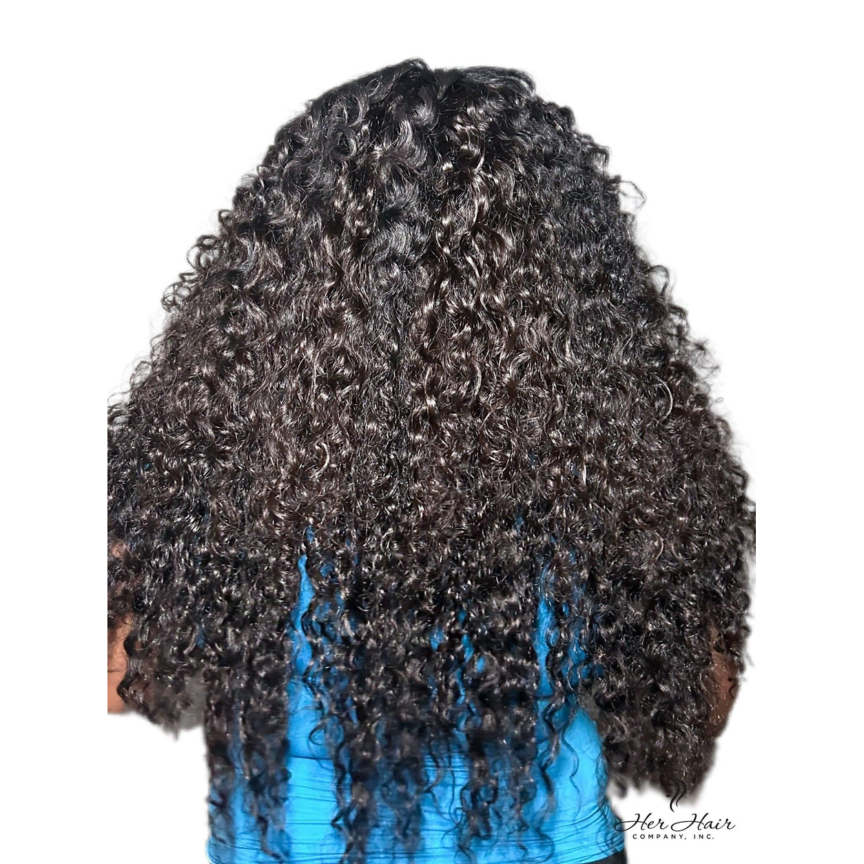 Three bundles of Burmese raw wavy hair in a standard bundle deal, shown on a back model. Natural, textured hair with waves.