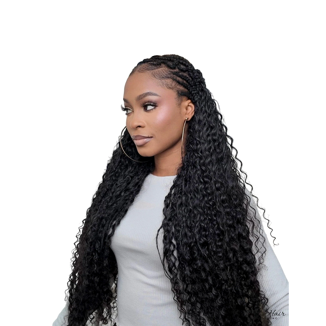 Deep curly bulk hair from Her Hair Company in a long braided style, showing the textured curls and full bundle profile.