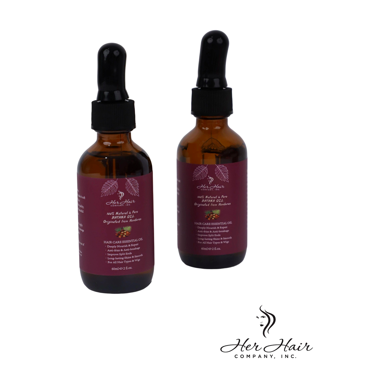 Two bottles of Honduran Batana Oil from Her Hair Company, 100% natural and authentic, with dark amber liquid inside clear glass bottles.