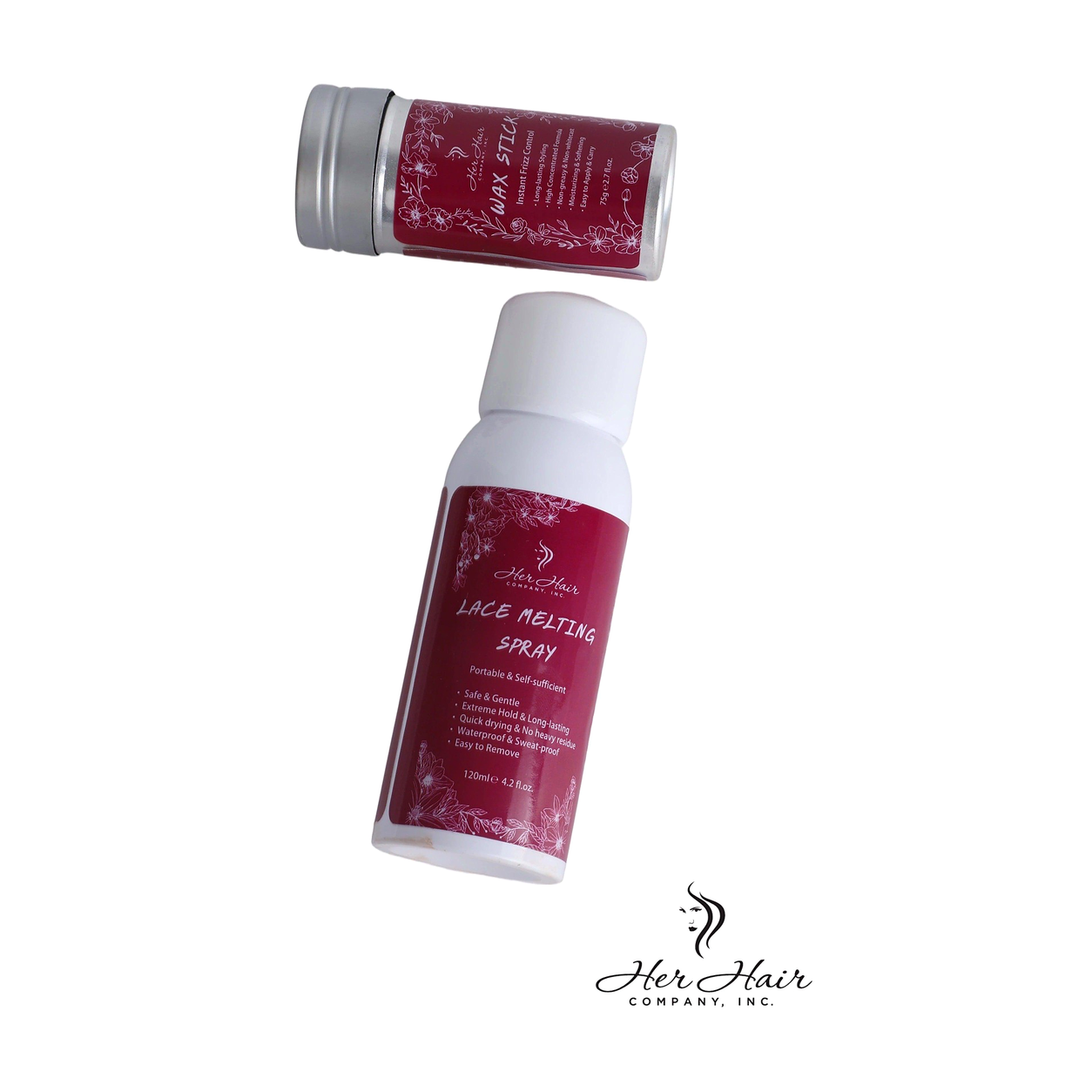 Her Hair Company lace melting spray and wax stick for hair installation, shown in a close-up image.