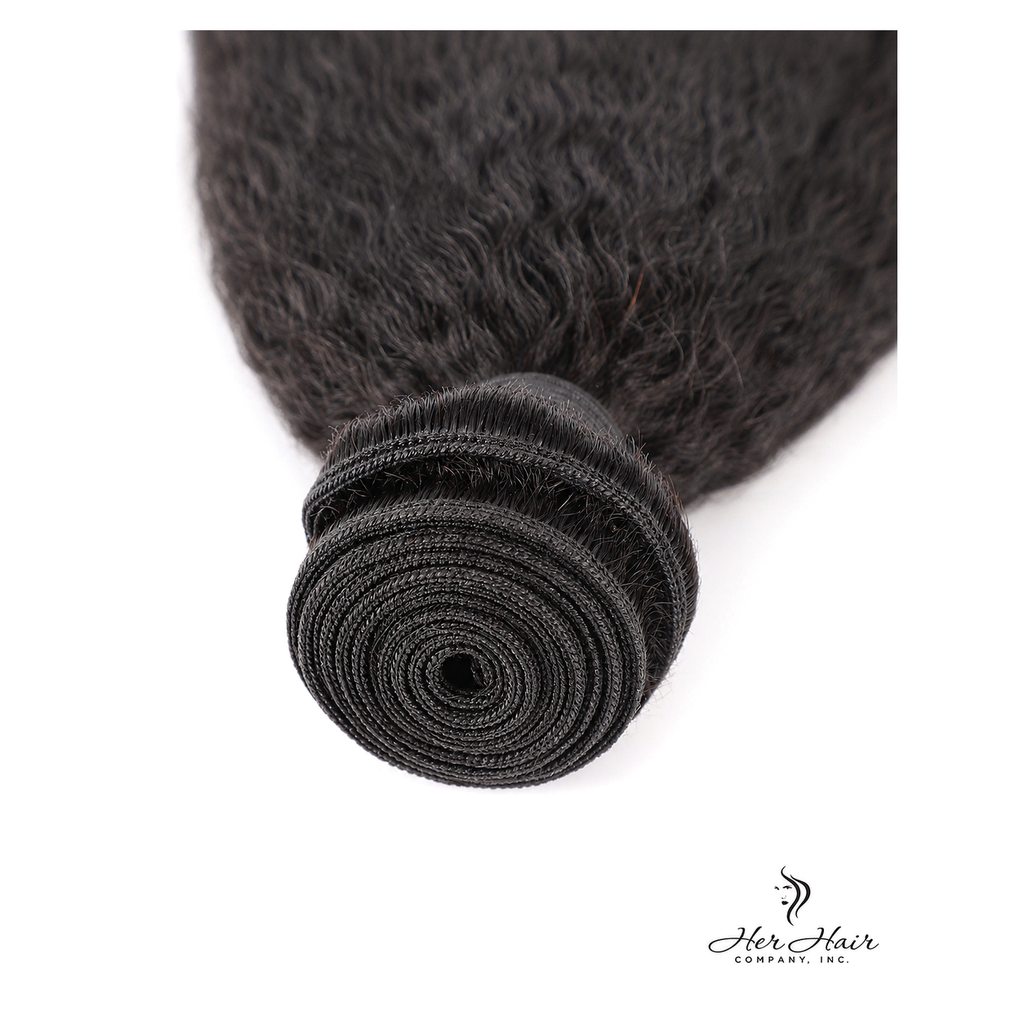 Close-up of Brazilian Kinky Straight hair wefts from Her Hair Company in a 4-bundle deal, showing the texture and weft detail.