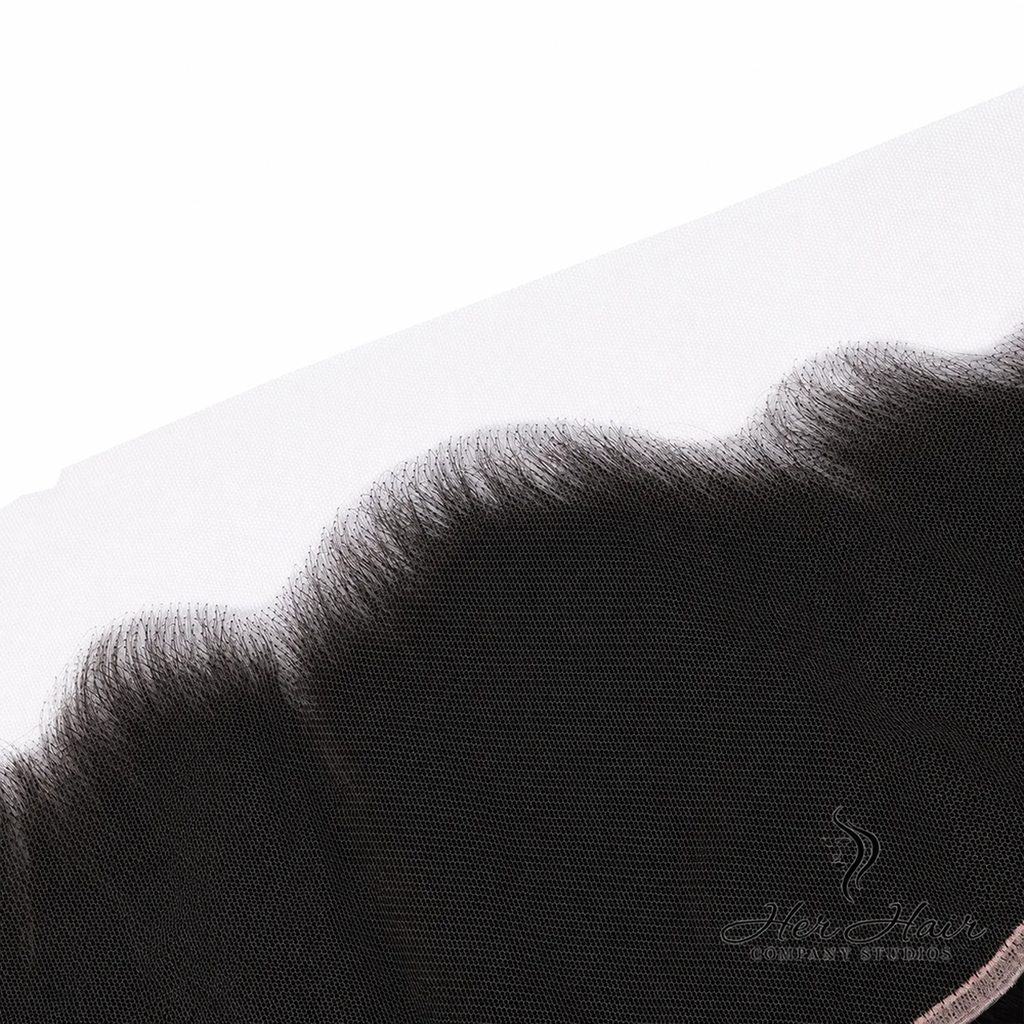 Close-up of Her Hair Company Brazilian Straight 13x6 HD lace frontal showing detailed lace mesh and hair strands.