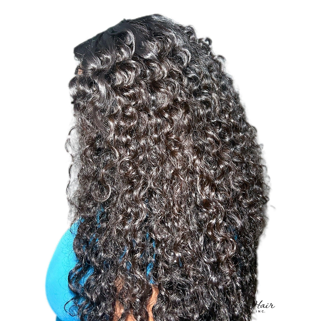 Three bundles of Burmese raw wavy hair for a natural look, displayed on a model's head from side and back angles.