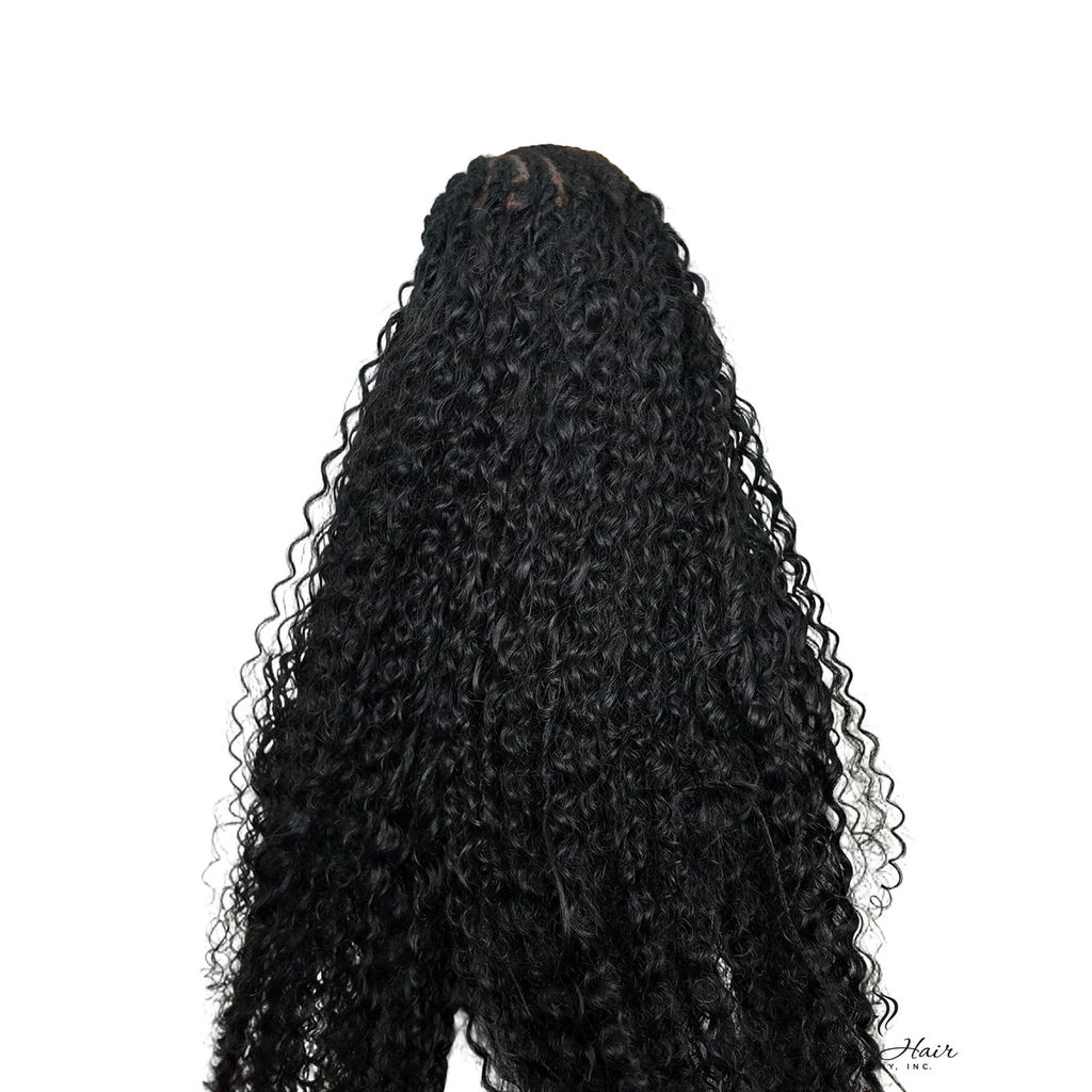 Her Hair Company deep curly bulk hair in a long braided style, showing the textured, voluminous curls from the back.