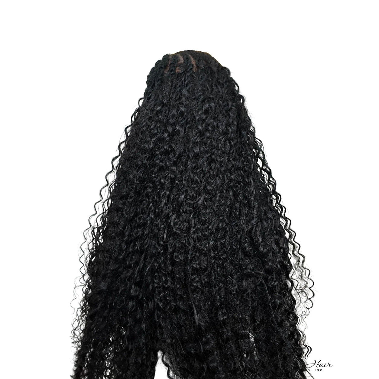 Her Hair Company deep curly bulk hair in a long braided style, showing the textured, voluminous curls from the back.