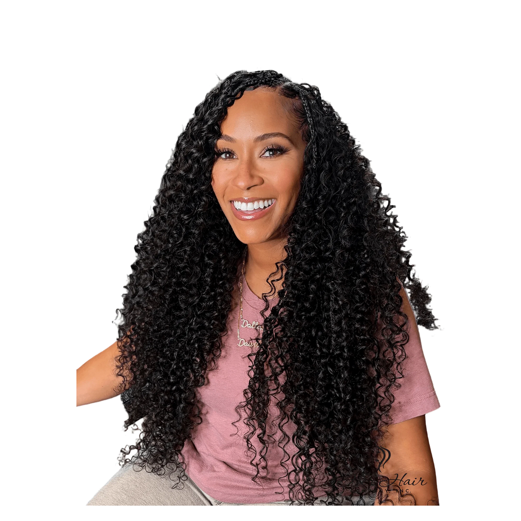 Deep curly crochet hair bundle by Her Hair Company, showing textured, voluminous curls on a model with a pink top.