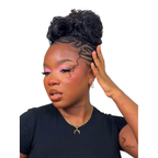 Deep wave bulk hair bundle from Her Hair Company showing a full, natural updo hairstyle with dark, shiny deep wave texture.