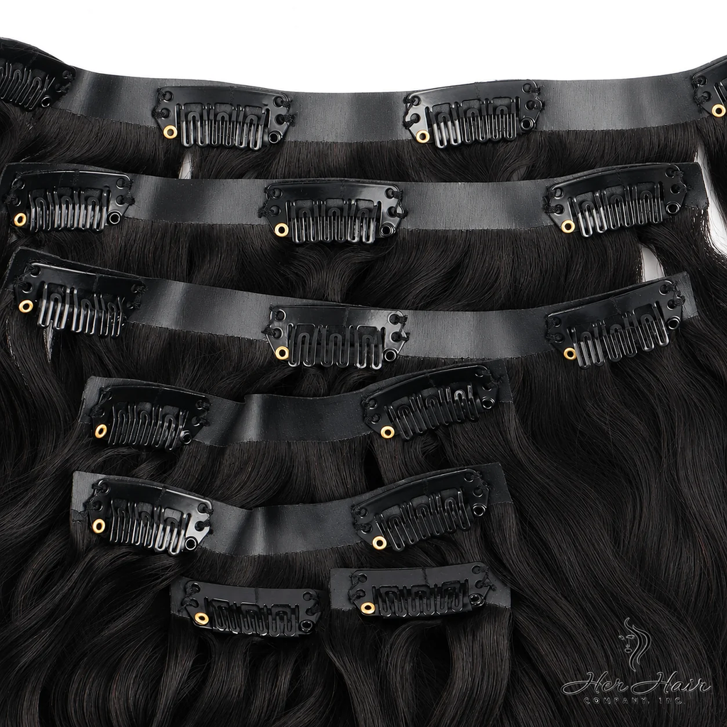 Full set of Brazilian Clip-In Premium Hair Extensions in a standard bundle, showcasing their natural, thick, and shiny hair strands.