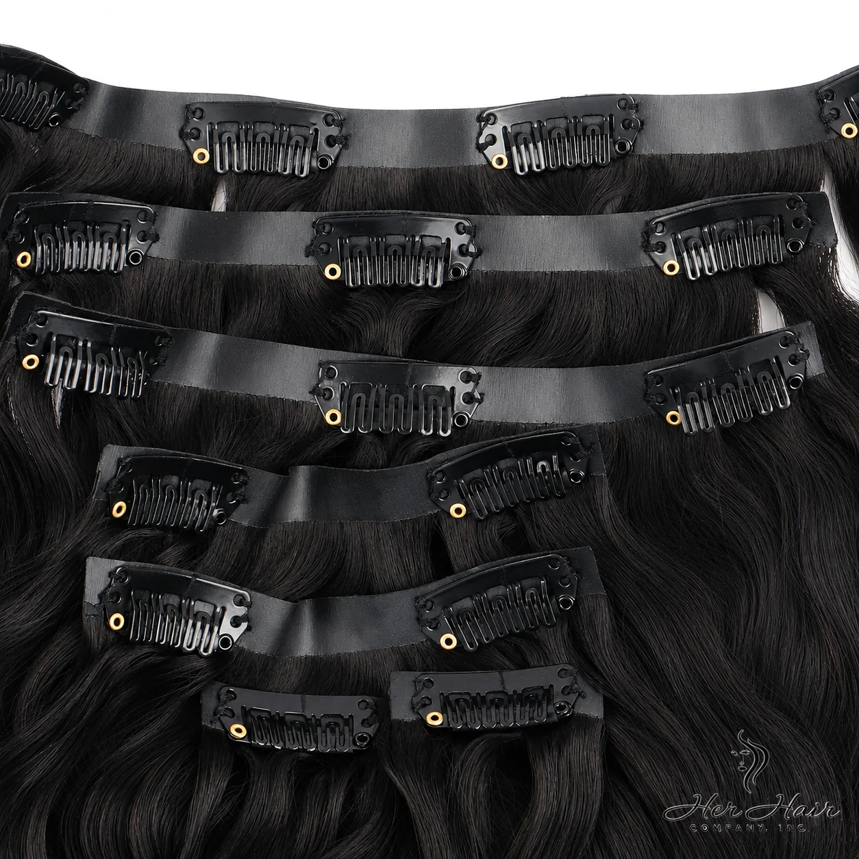 Full set of Brazilian Clip-In Premium Hair Extensions in a standard bundle, showcasing their natural, thick, and shiny hair strands.