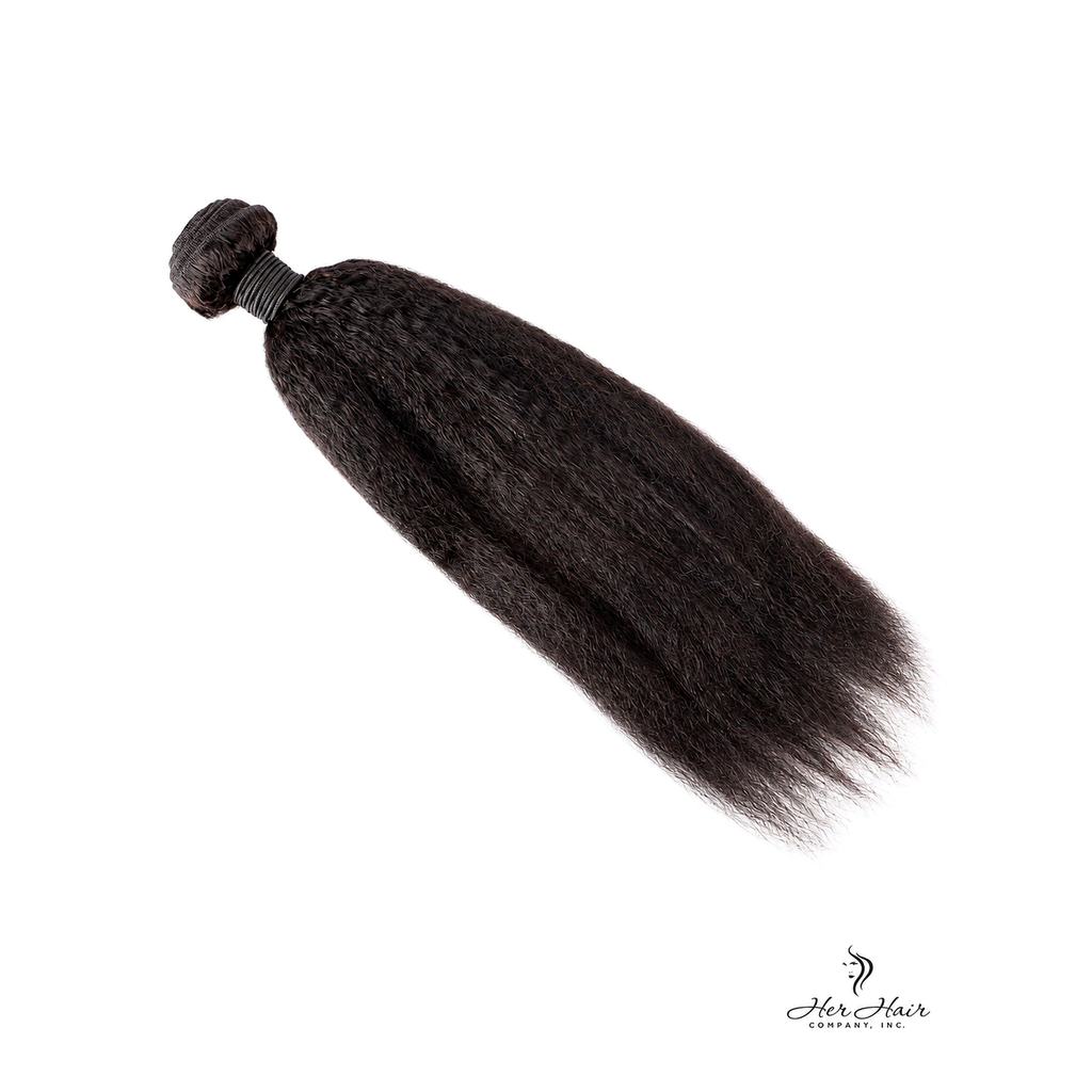 Brazilian kinky straight hair bundles from Her Hair Company, featuring a standard frontal/closure for natural, sleek style.