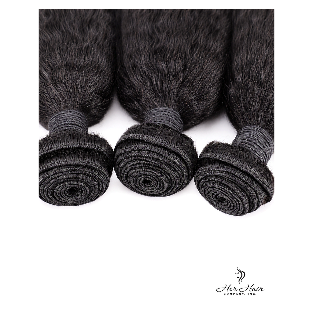 Brazilian Kinky Straight Hair 4 Bundle Deal by Her Hair Company, showing weft construction for natural, full hair extensions.