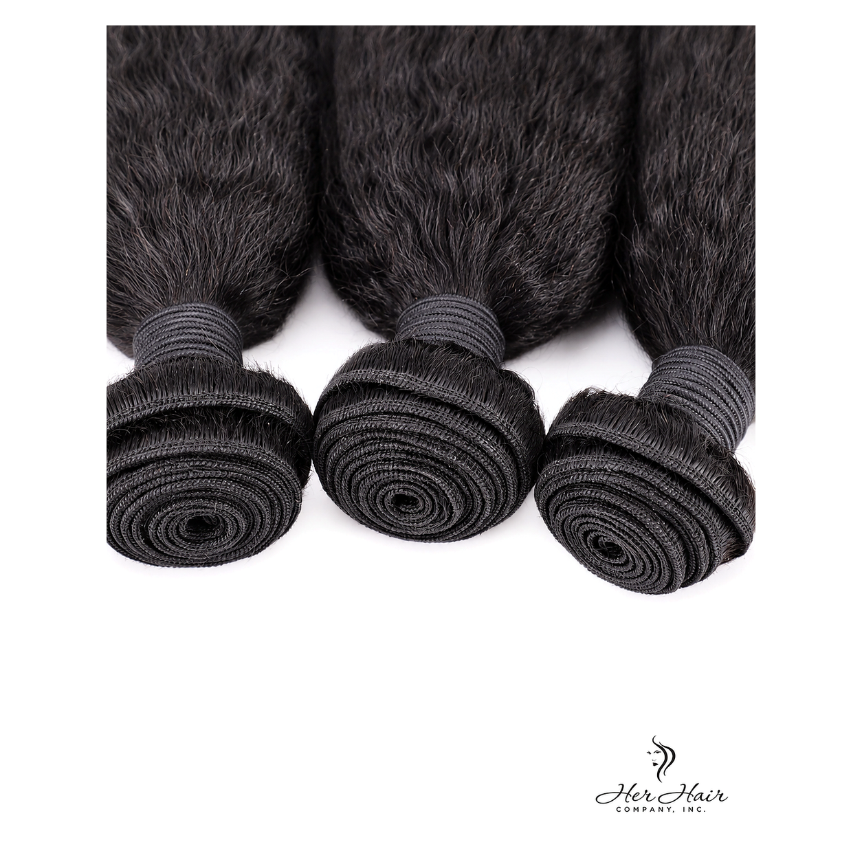 Brazilian Kinky Straight Hair 4 Bundle Deal by Her Hair Company, showing weft construction for natural, full hair extensions.
