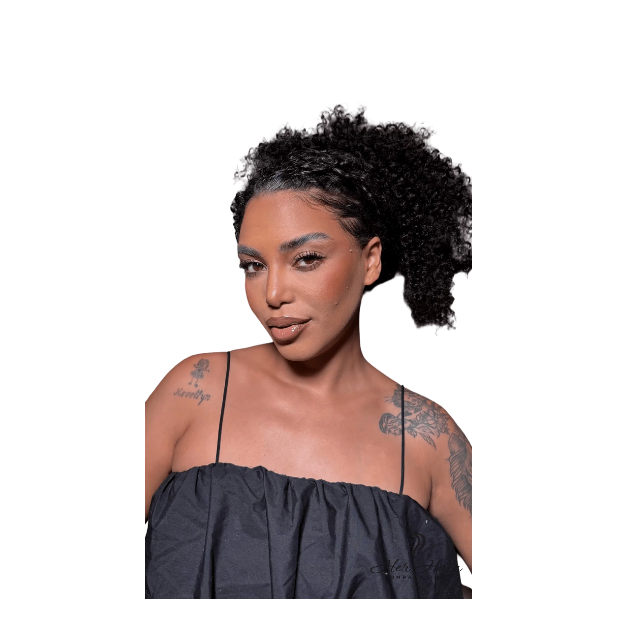 Deep curly crochet hair bundle by Her Hair Company, showcasing a textured updo with full, voluminous deep curls.