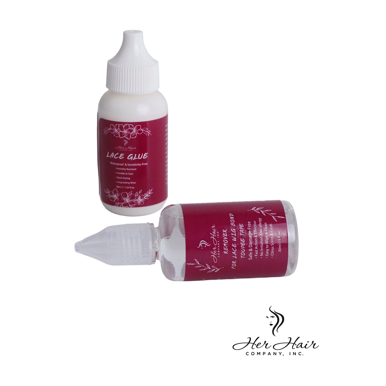 Her Hair Company lace glue and bond remover set with 10 applicators and remover bottles for hair installation.