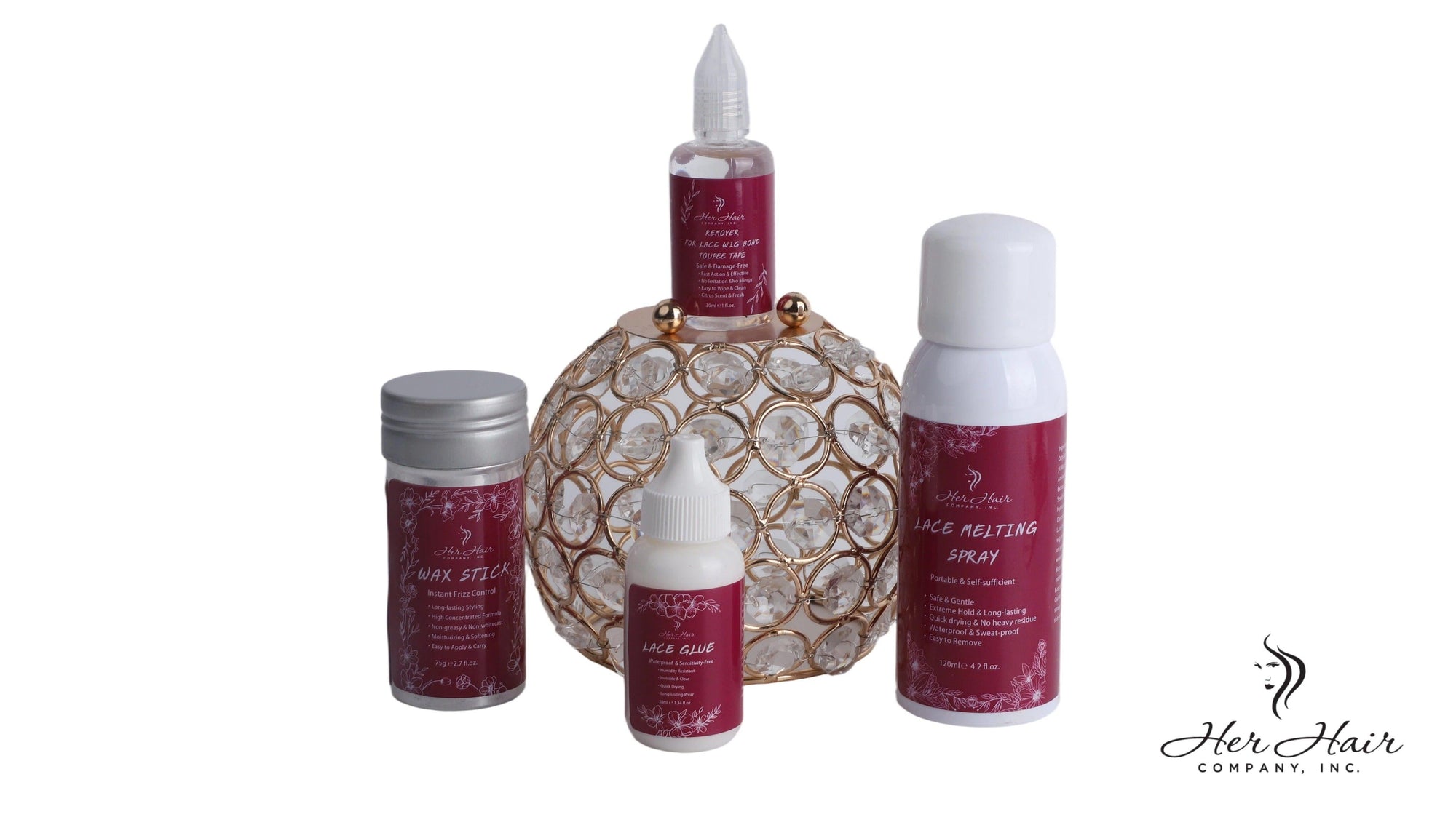 Her Hair Company hair installation kit with tools and accessories for installing and styling hair extensions.