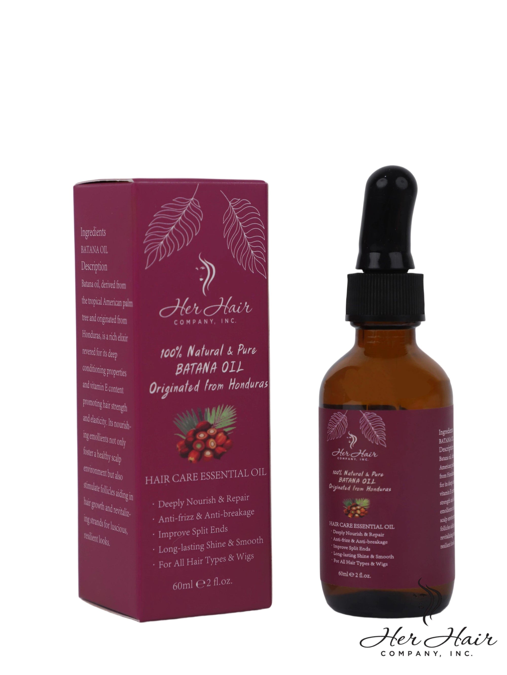 Honduran Batana Oil bottle from Her Hair Company, 100% natural and authentic, with a clear label and dark glass container.