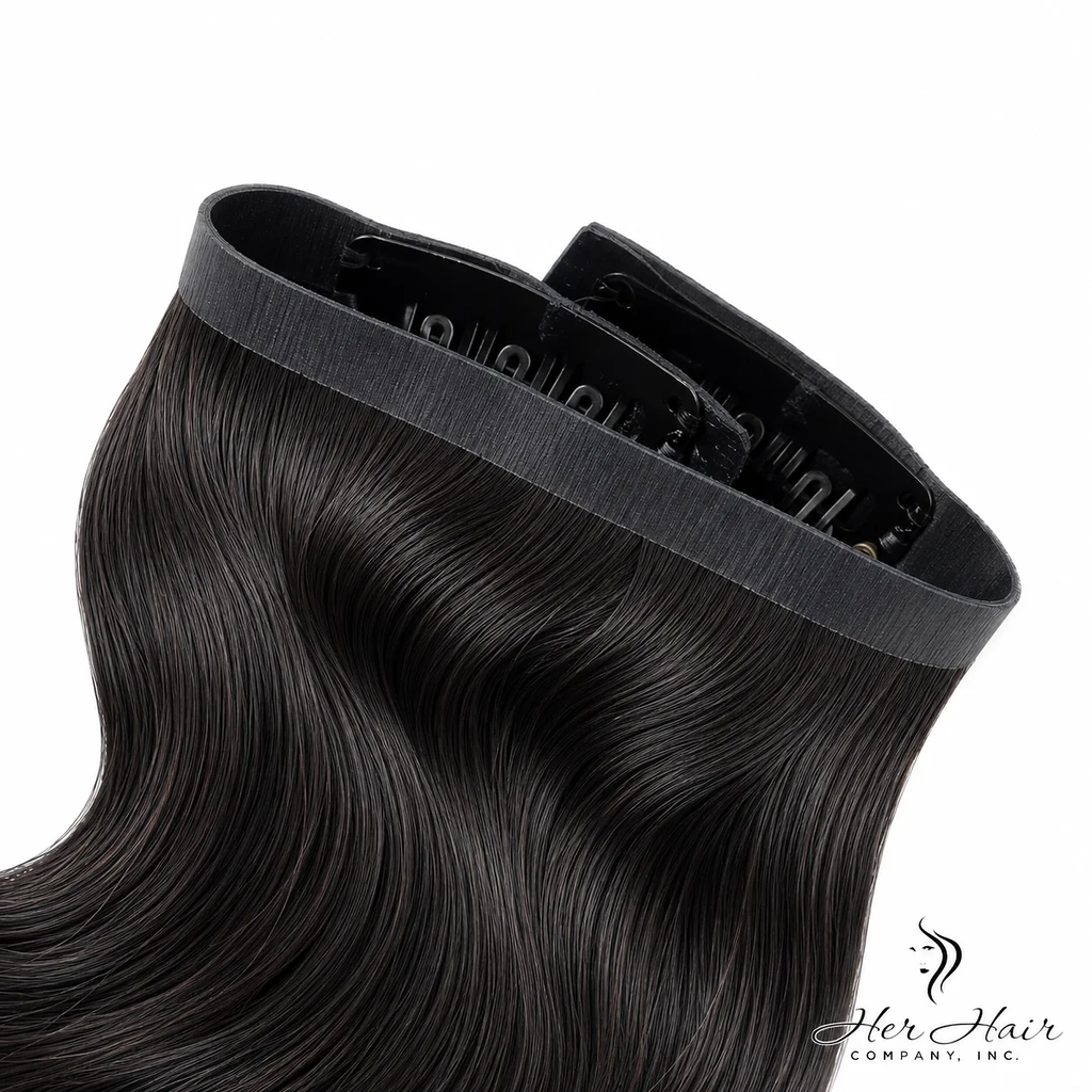 Brazilian clip-in hair extensions standard bundle with weft band, natural shiny premium human hair for added length and volume.