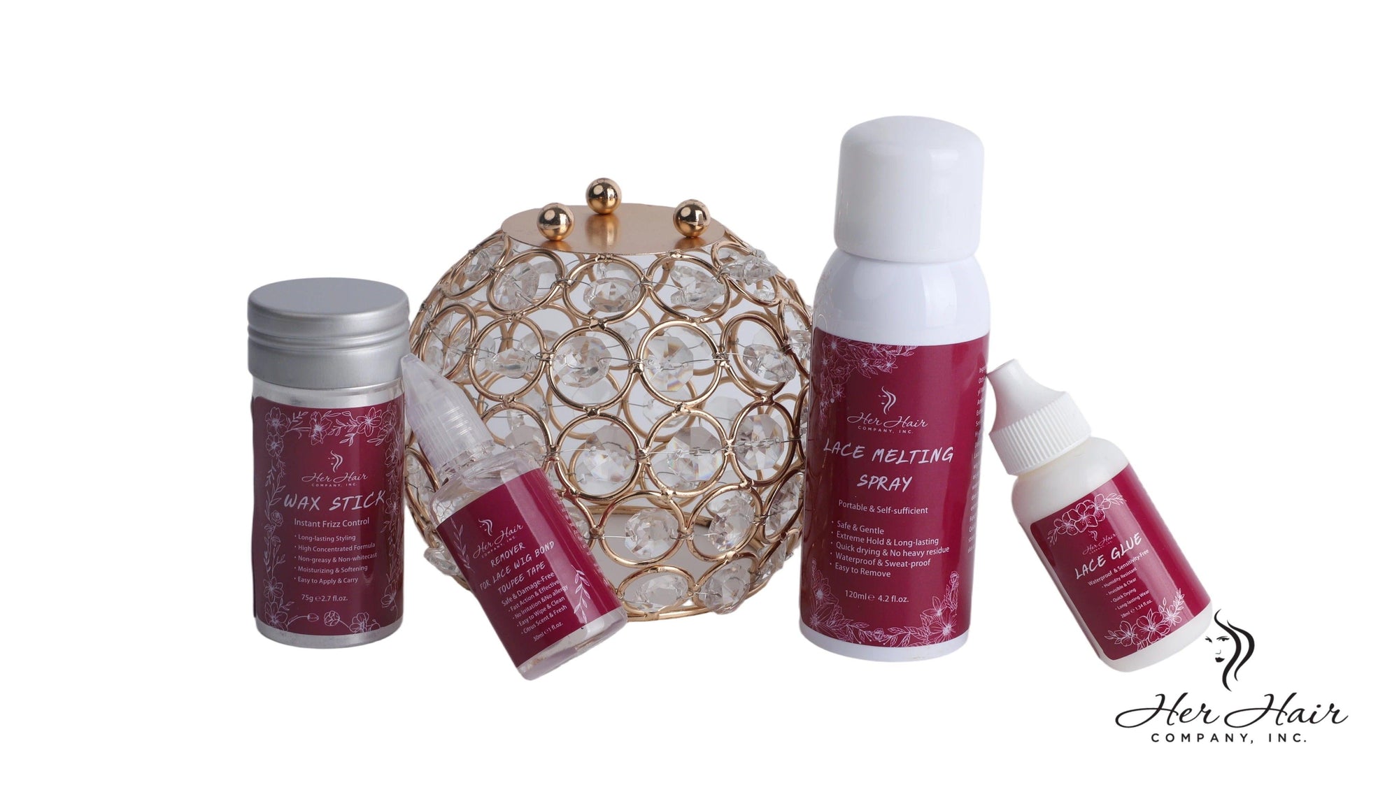 Her Hair Company hair installation kit with wig caps, clips, and tools for professional hair weaving and styling.