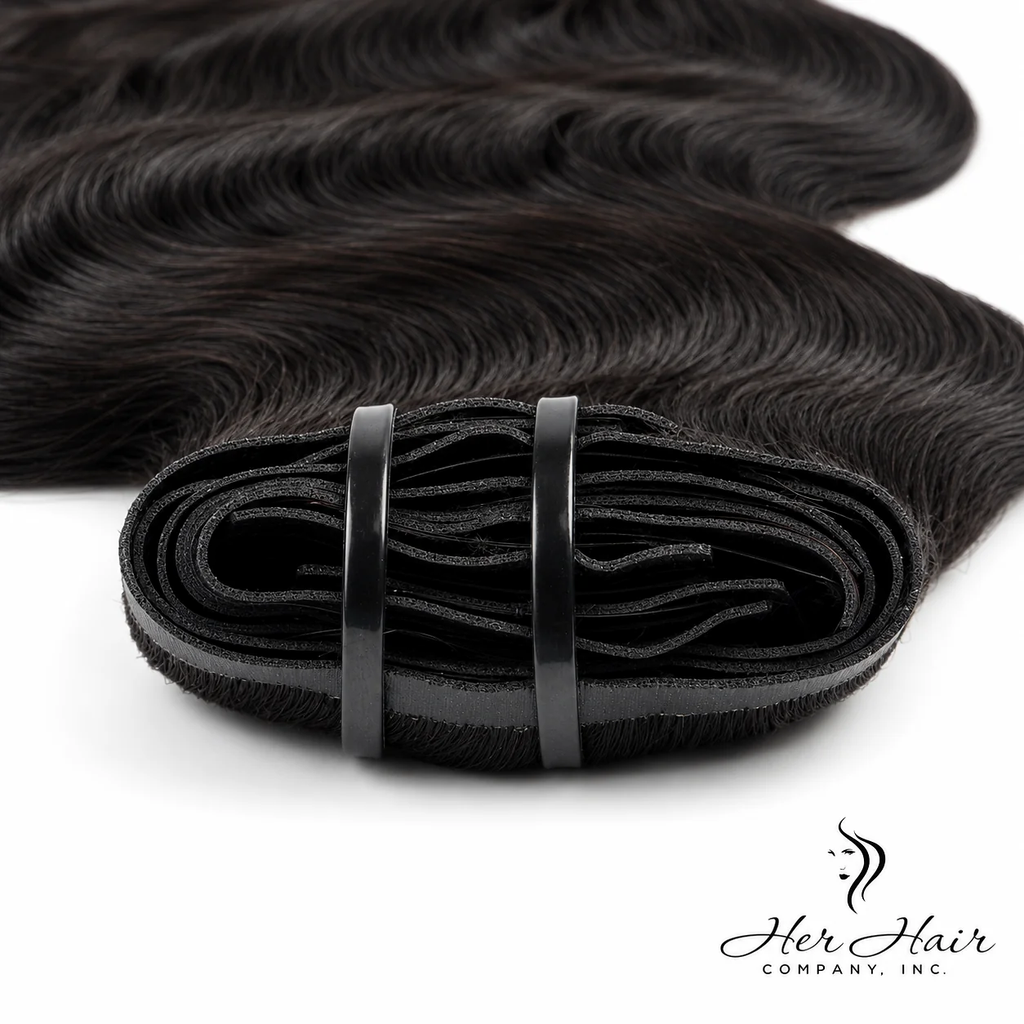 Brazilian clip-in hair extensions in a standard bundle with body wave texture, showcasing the weft details and natural hair appearance.