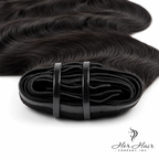 Brazilian clip-in hair extensions in a standard bundle with body wave texture, showcasing the weft details and natural hair appearance.