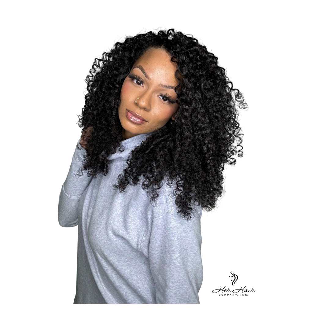 Burmese Spiral Crochet Hair bundle from Her Hair Company, showing gray-toned spiral crochet hair extension style.