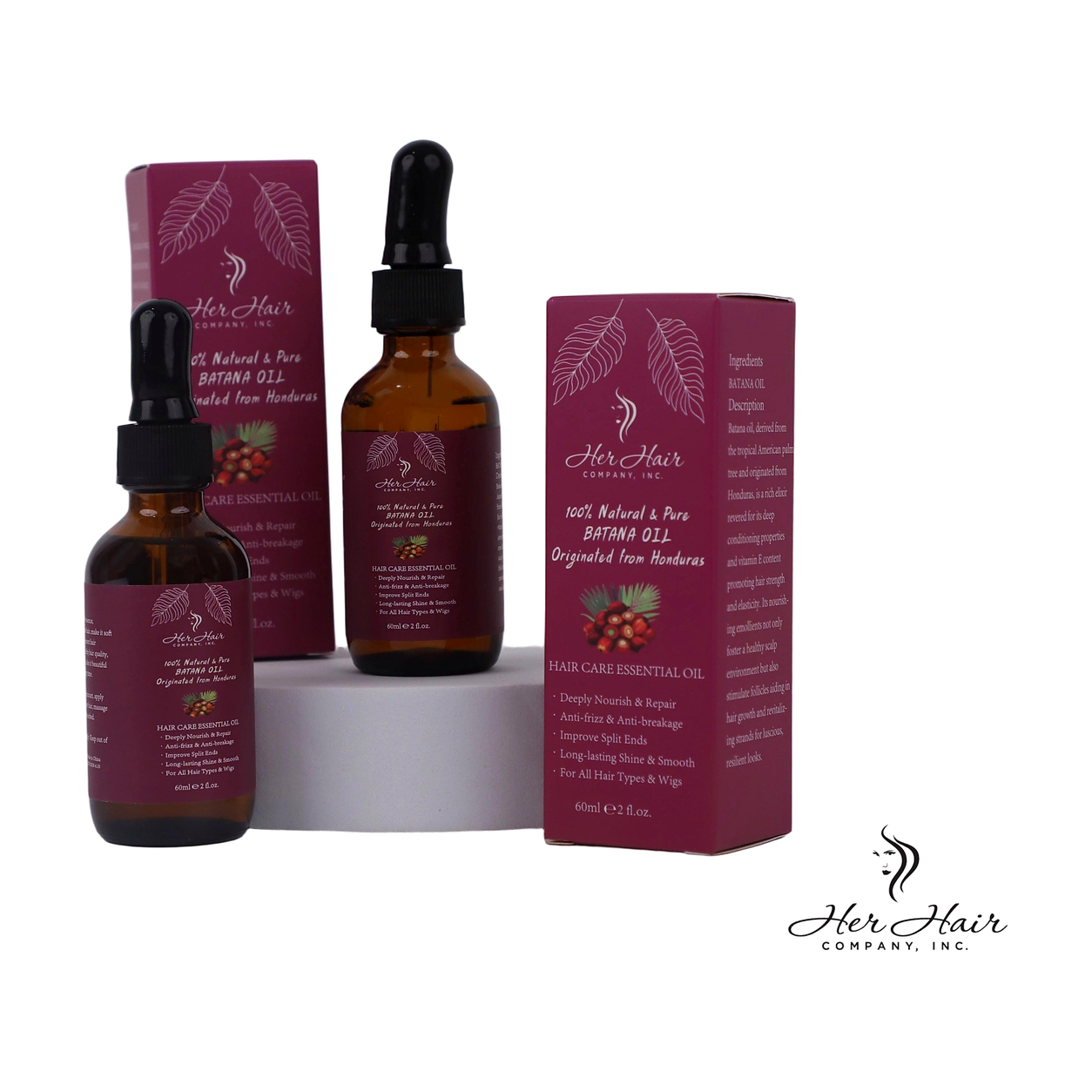 Honduran Batana Oil by Her Hair Company displayed in a set, showcasing natural, authentic hair treatment oil in glass bottles