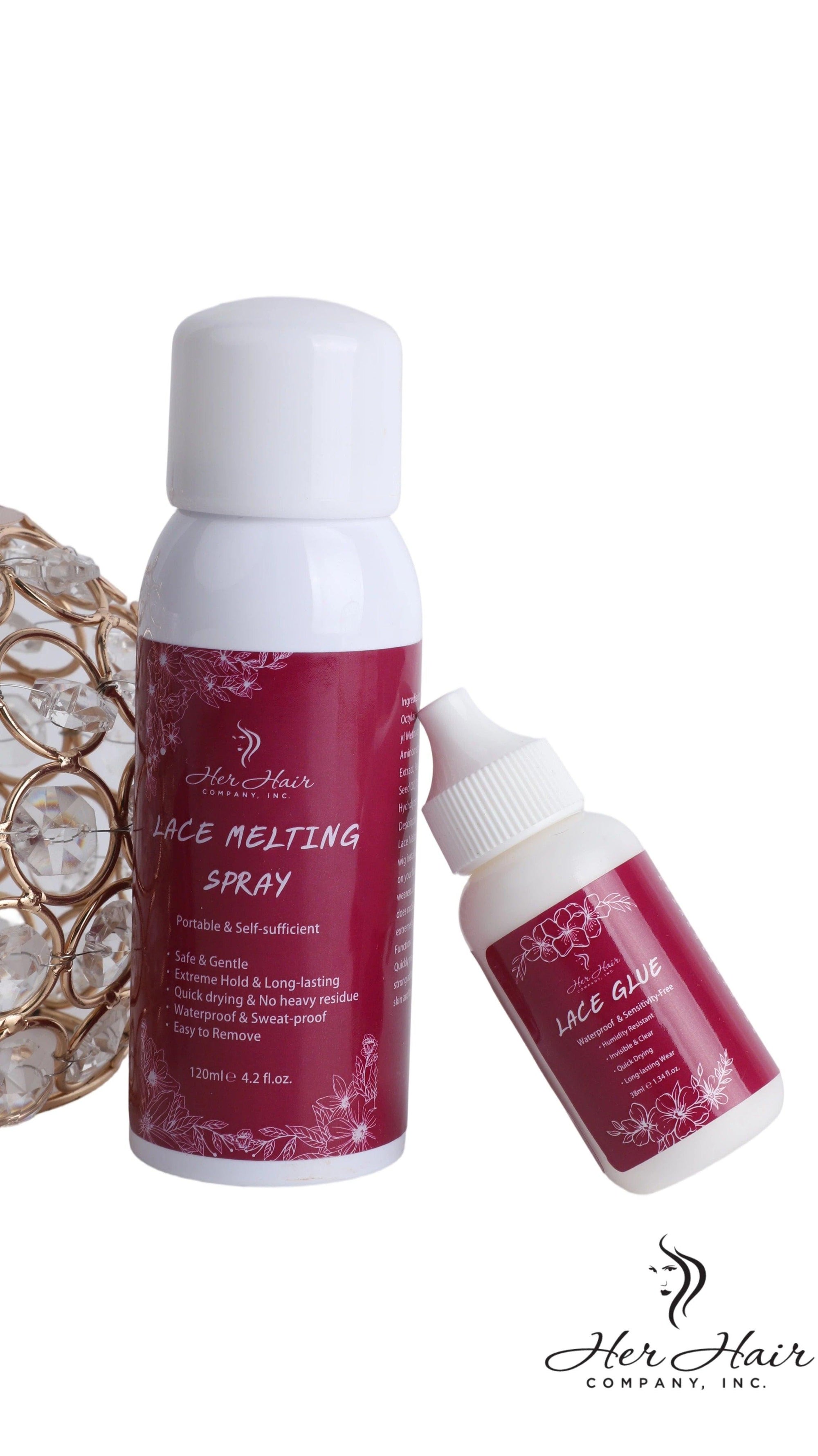 Her Hair Company hair installation kit with wig caps, styling tools, and accessories for professional hair styling and installation.